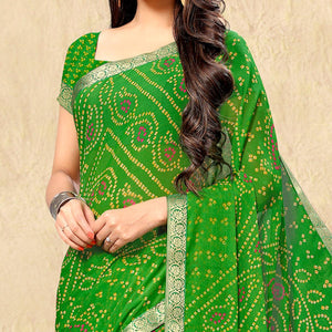 Green Casual Wear Printed Chiffon Saree - Peachmode