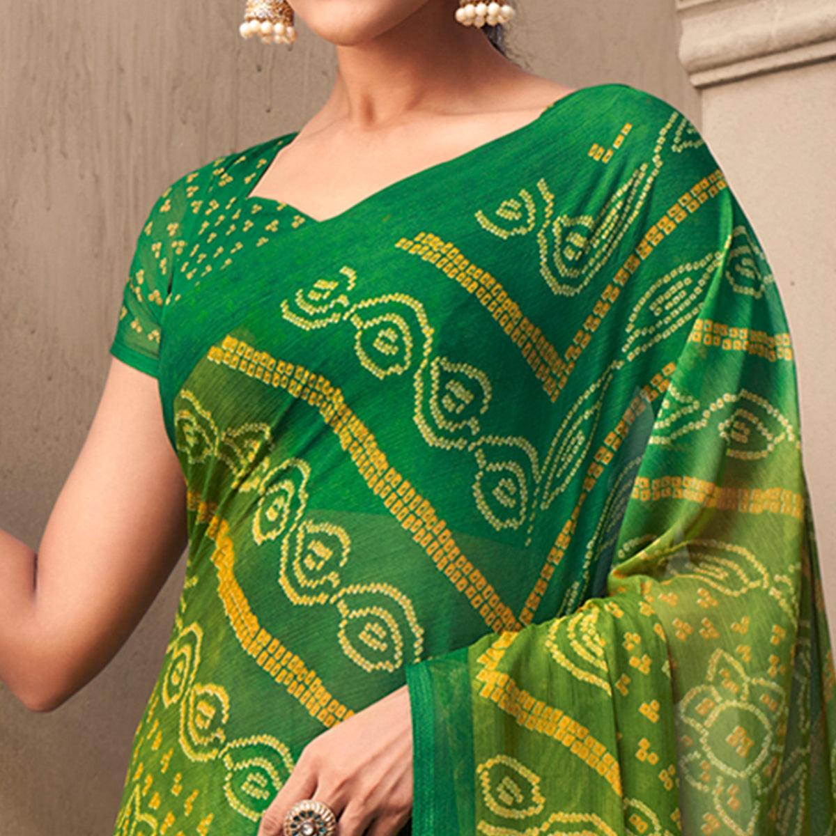 Green Casual Wear Printed Chiffon Saree - Peachmode