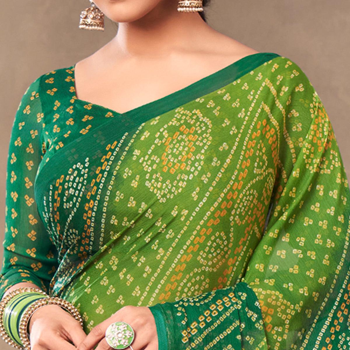 Green Casual Wear Printed Chiffon Saree - Peachmode