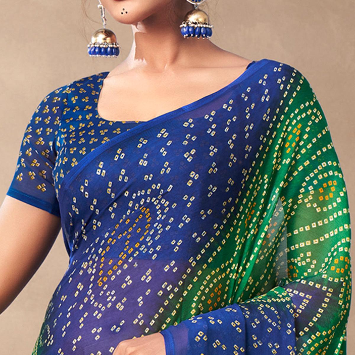 Green Casual Wear Printed Chiffon Saree - Peachmode