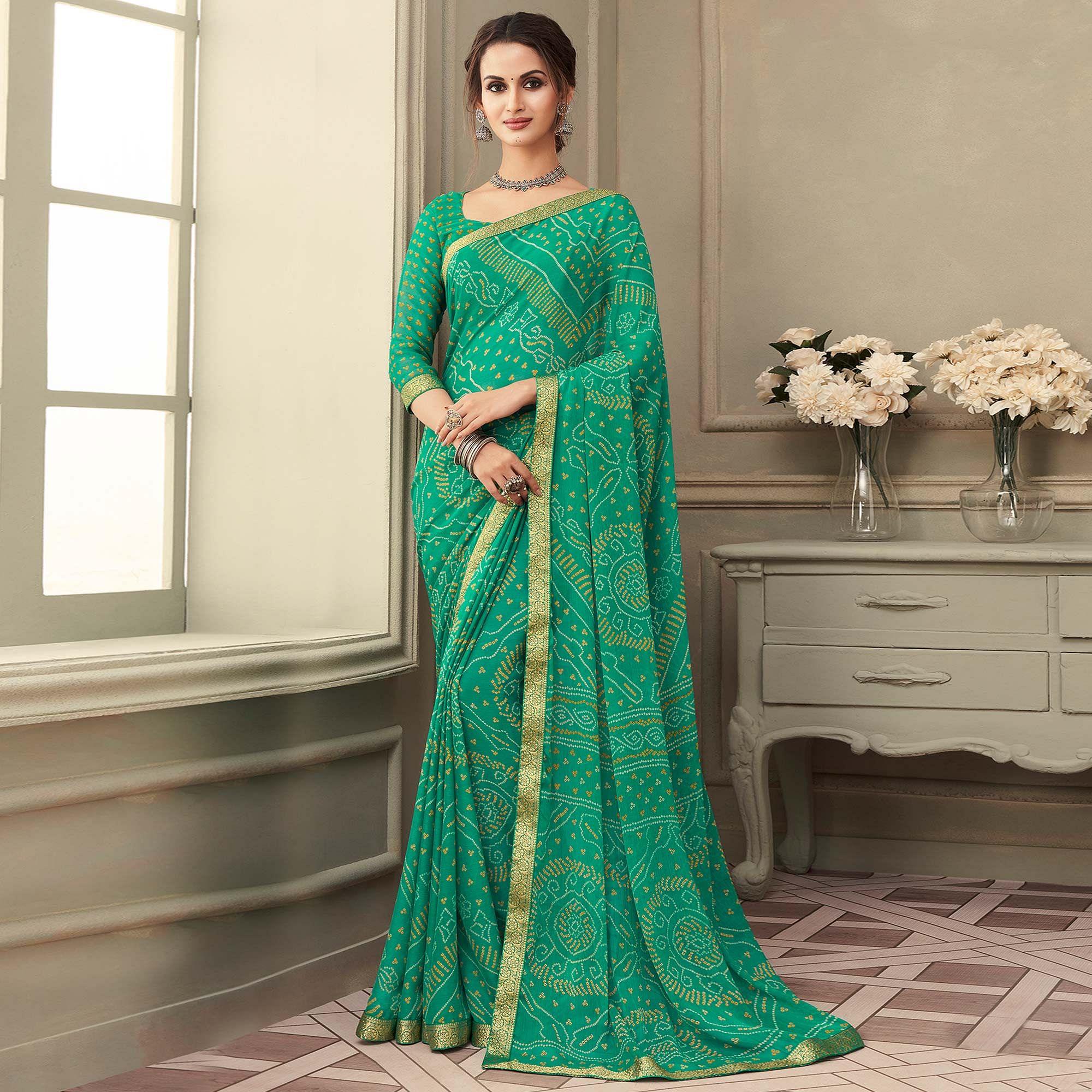 Green Casual Wear Printed Chiffon Saree with Banarasi Border - Peachmode