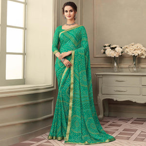 Green Casual Wear Printed Chiffon Saree with Banarasi Border - Peachmode
