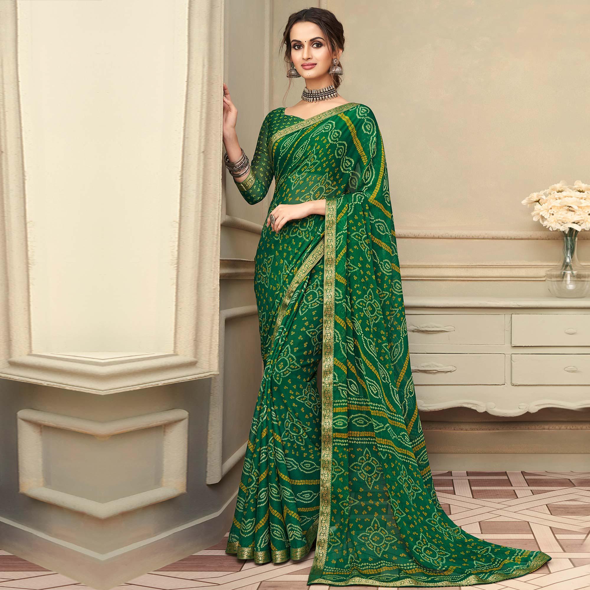 Green Casual Wear Printed Chiffon Saree with Banarasi Border - Peachmode