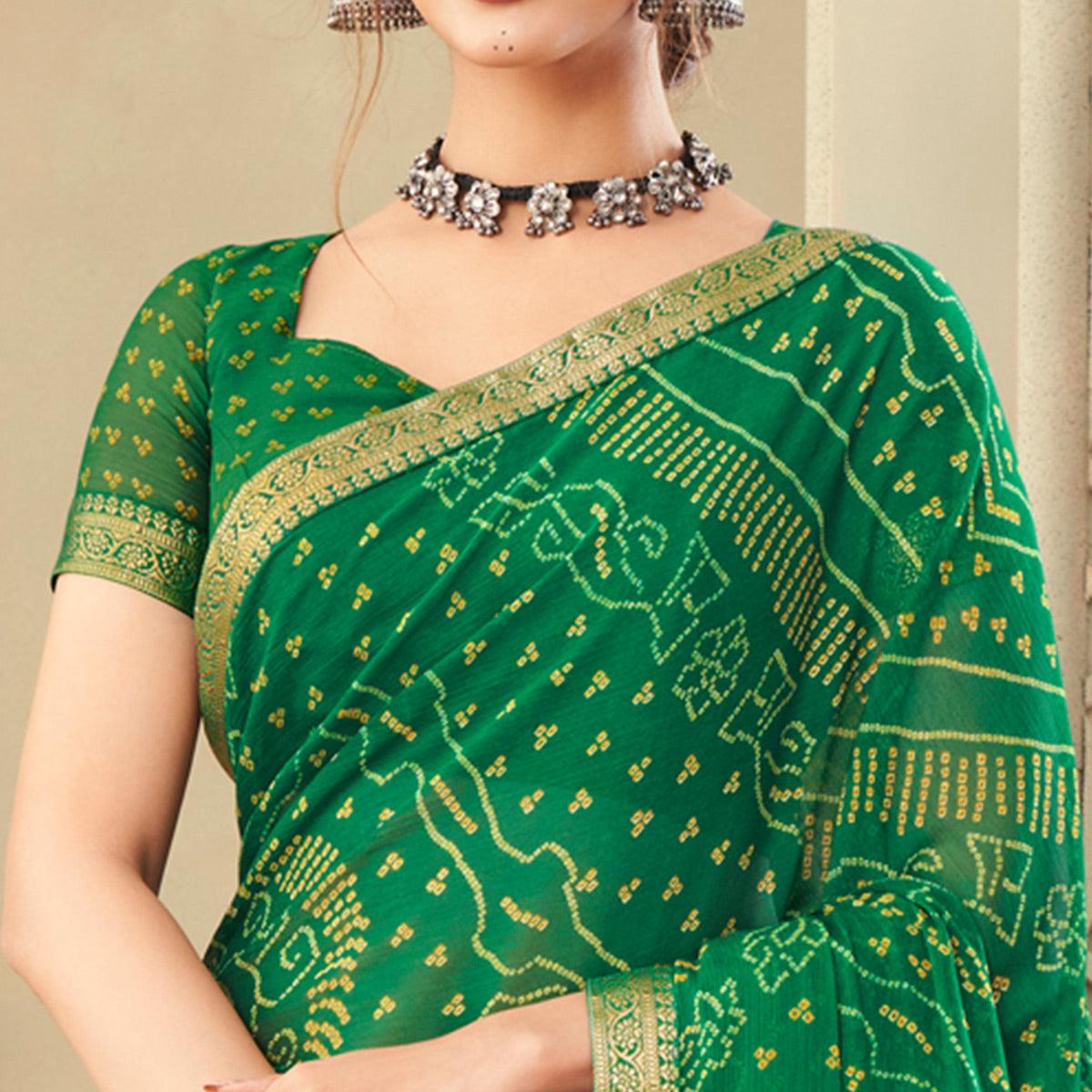 Green Casual Wear Printed Chiffon Saree with Banarasi Border - Peachmode