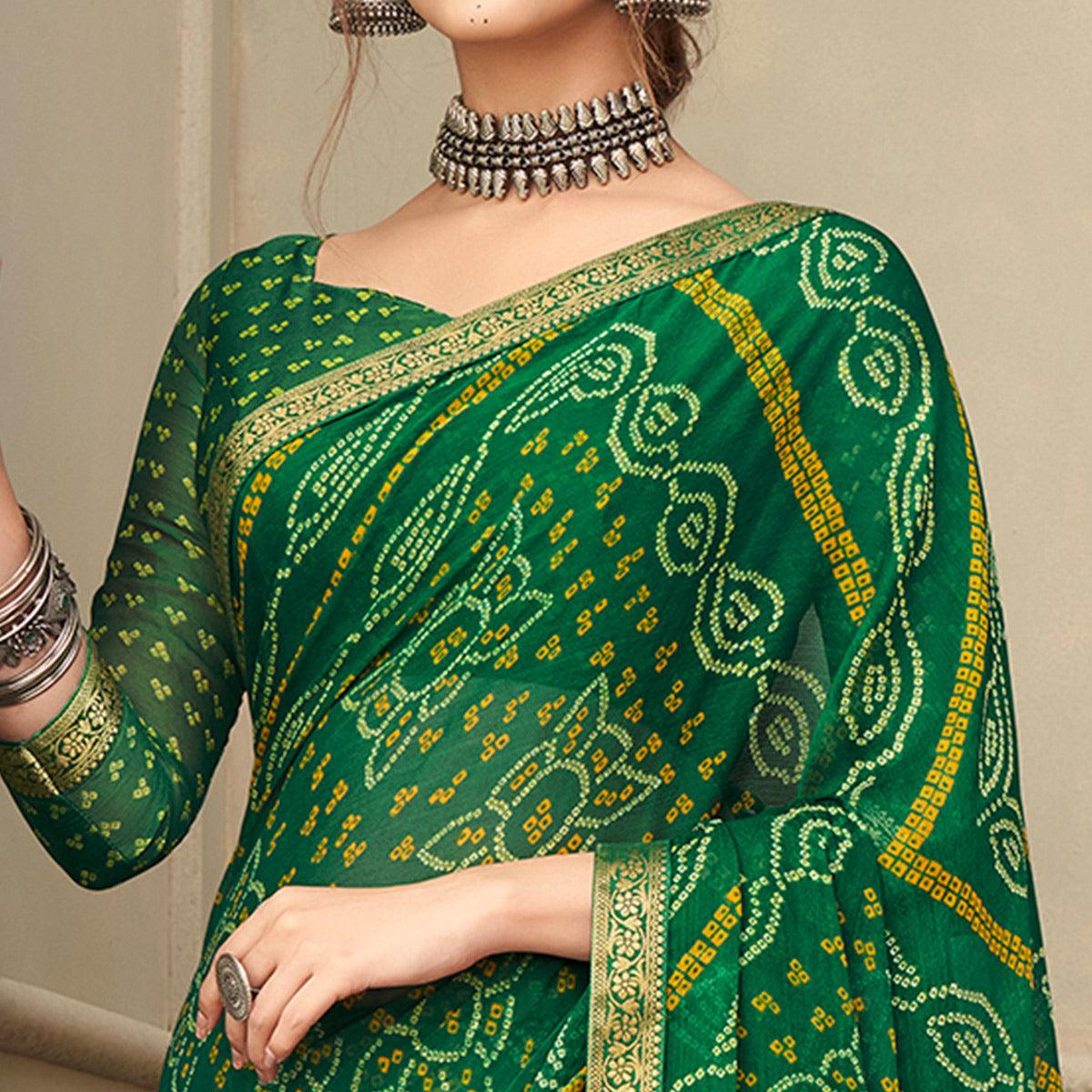 Green Casual Wear Printed Chiffon Saree with Banarasi Border - Peachmode