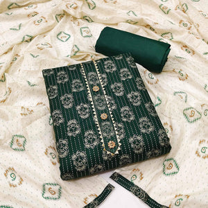 Green Casual Wear Printed Cotton Dress Material - Peachmode