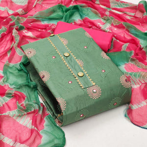Green Casual Wear Printed Cotton Dress Material - Peachmode