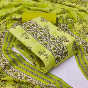 Green Casual Wear Printed Cotton Dress Material - Peachmode