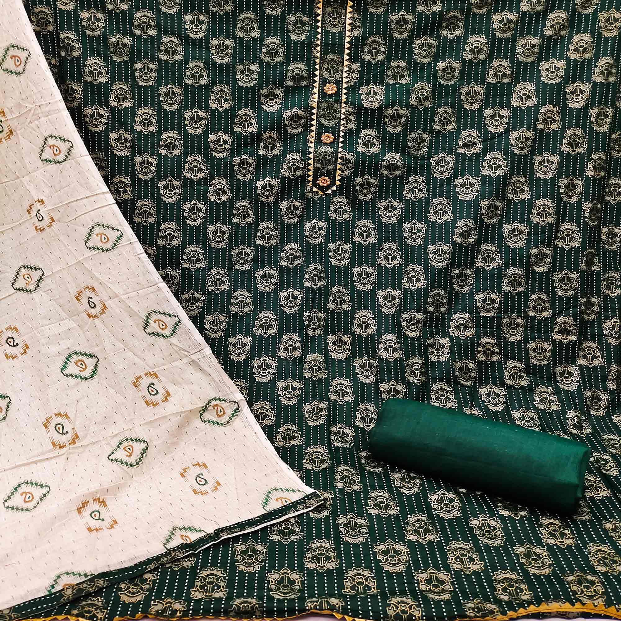 Green Casual Wear Printed Cotton Dress Material - Peachmode