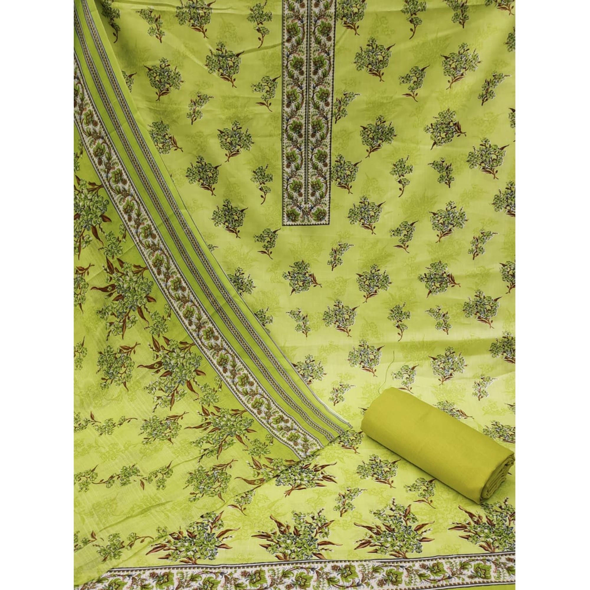 Green Casual Wear Printed Cotton Dress Material - Peachmode