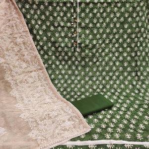 Green Casual Wear Printed Cotton Dress Material - Peachmode