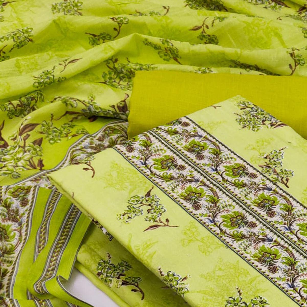 Green Casual Wear Printed Cotton Dress Material - Peachmode