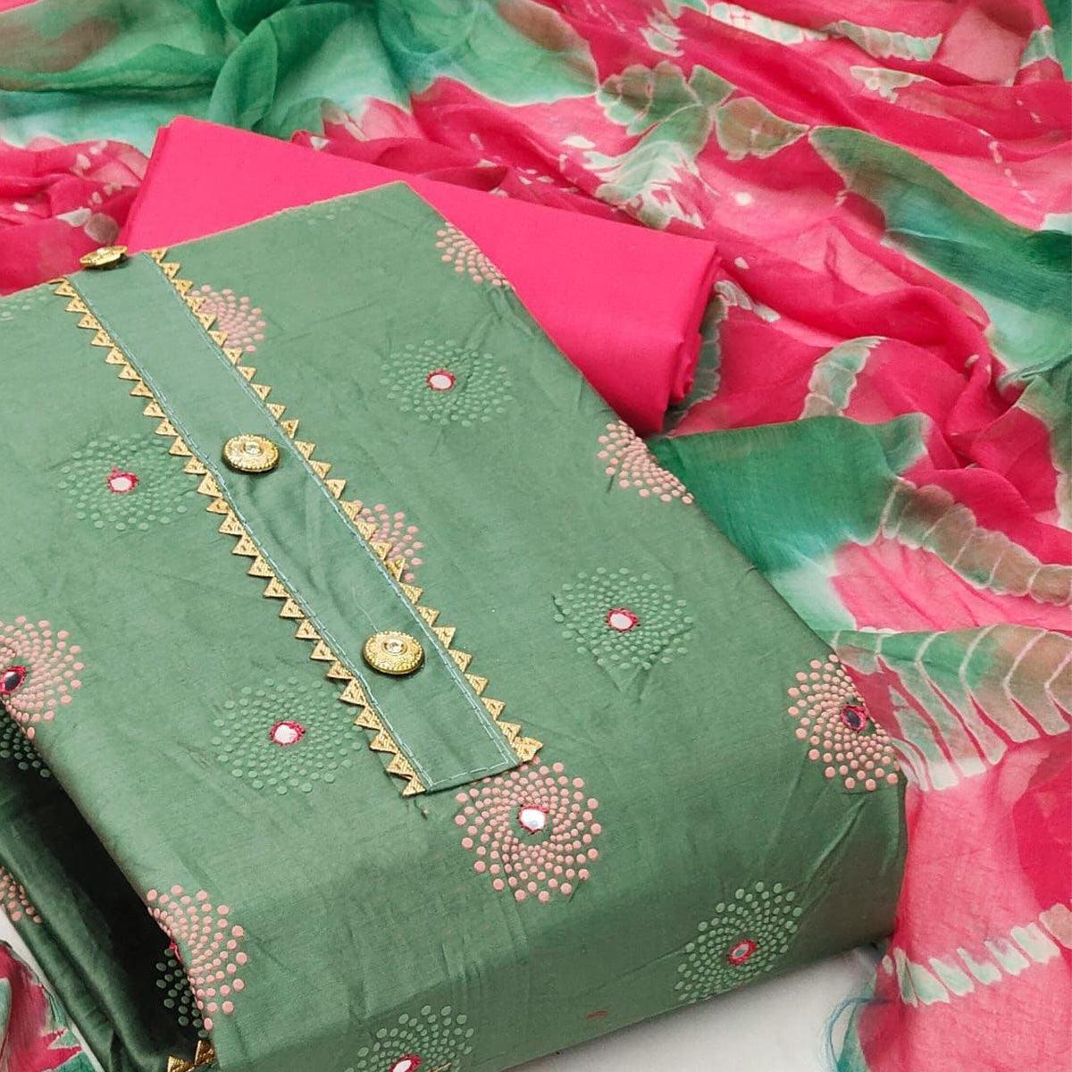 Green Casual Wear Printed Cotton Dress Material - Peachmode