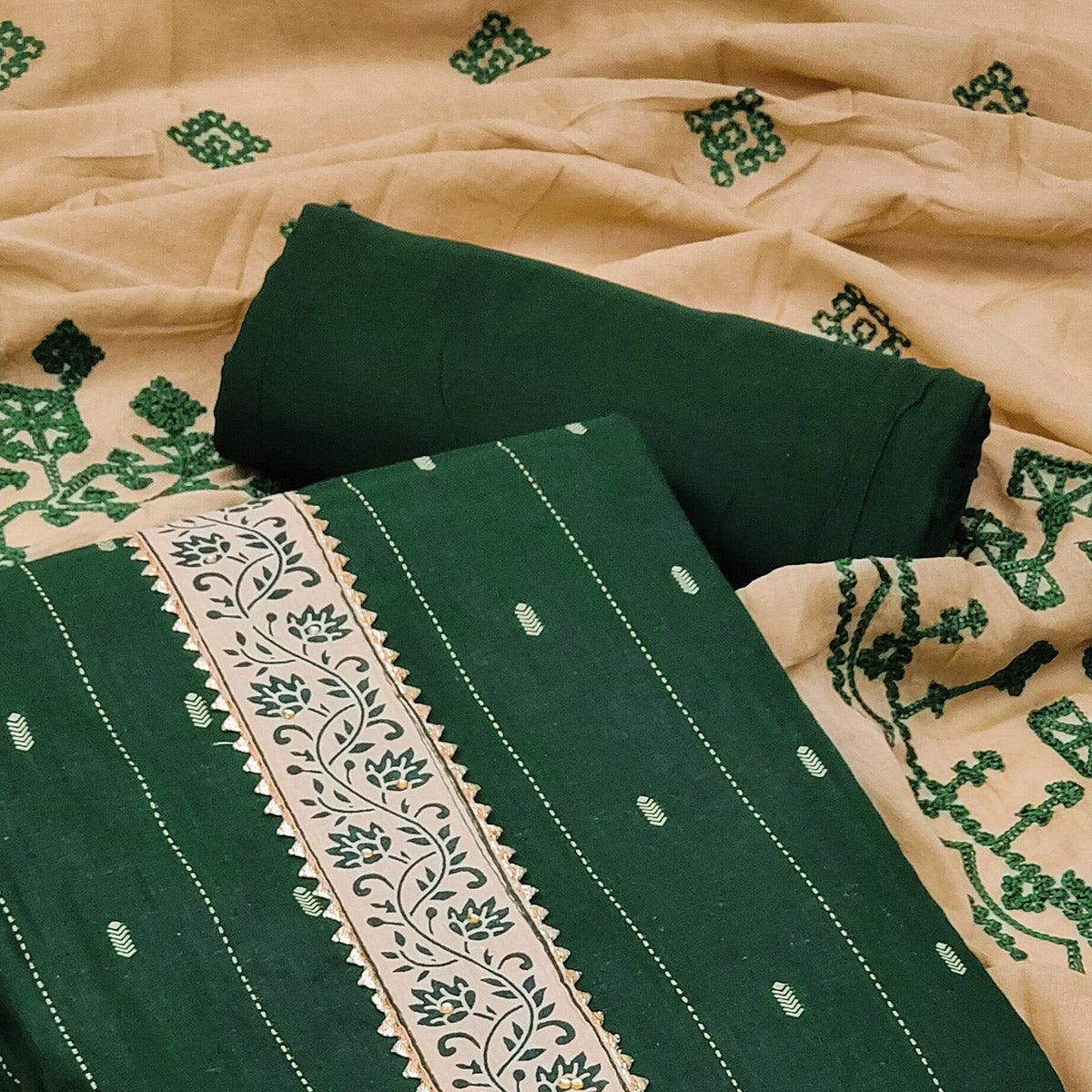 Green Casual Wear Printed Cotton Dress Material - Peachmode