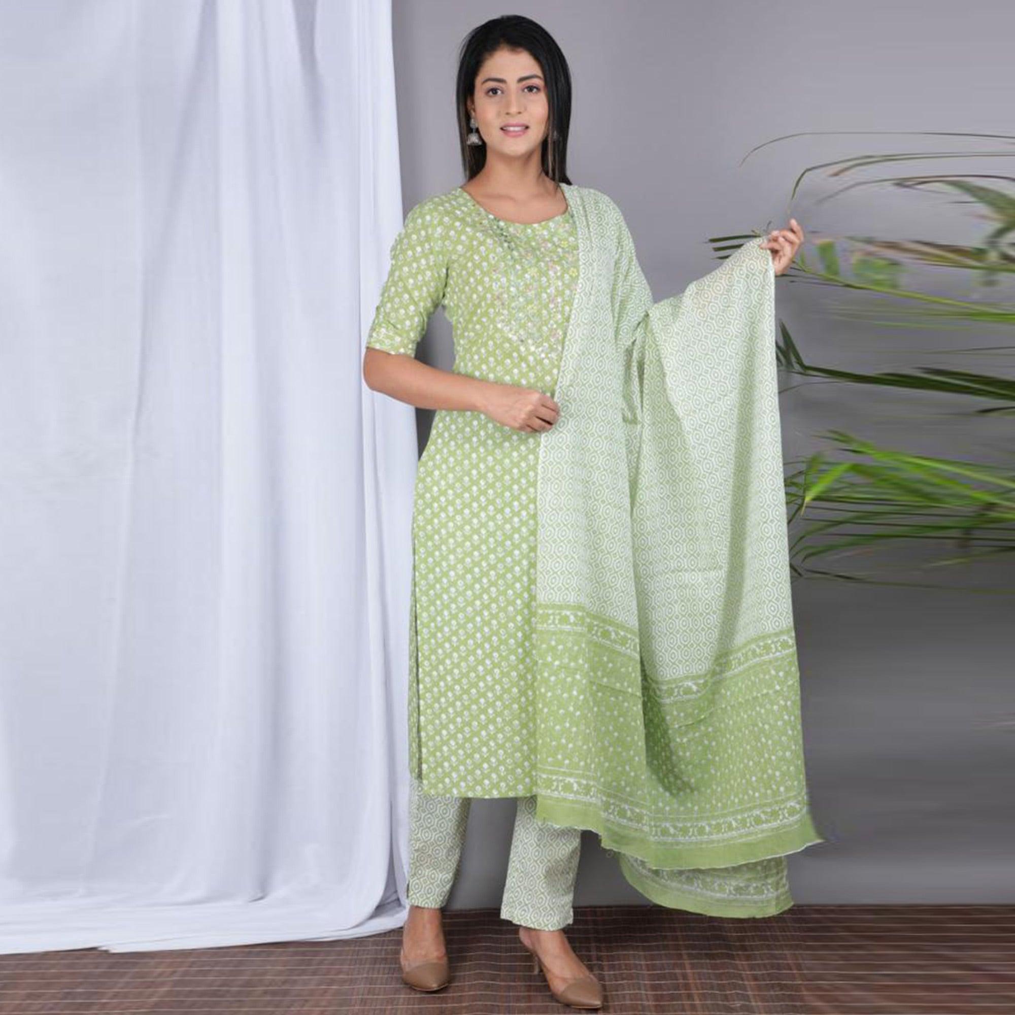 Green Casual Wear Printed Cotton Kurti Pant Set With Dupatta - Peachmode