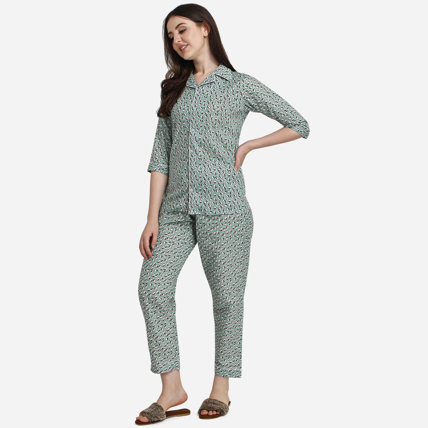 Green Casual Wear Printed Cotton Night Suit - Peachmode