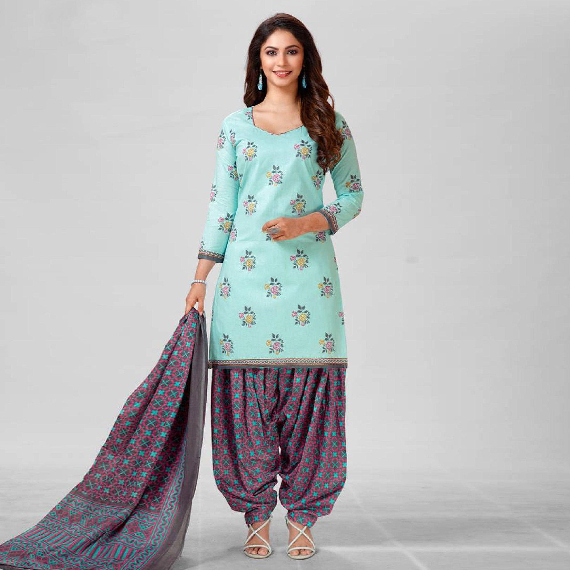 Green Casual Wear Printed Cotton Patiala Dress Material - Peachmode