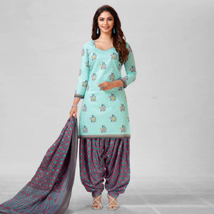 Green Casual Wear Printed Cotton Patiala Dress Material - Peachmode