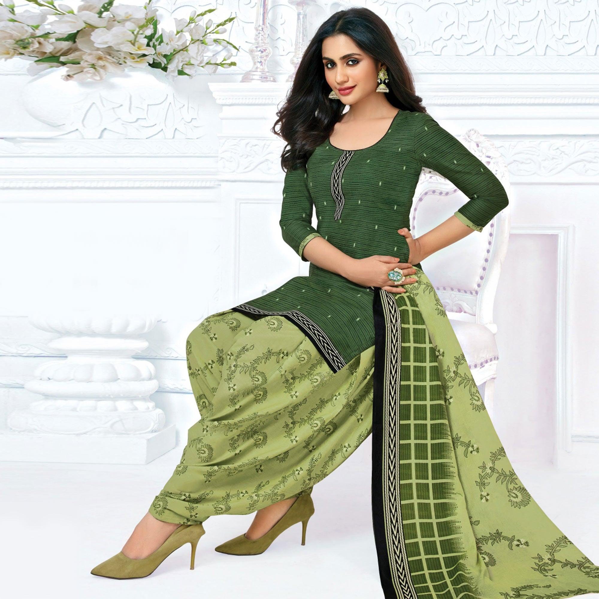 Green Casual Wear Printed Cotton Patiala Dress Material - Peachmode