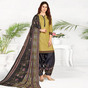 Green Casual Wear Printed Cotton Patiala Dress Material - Peachmode