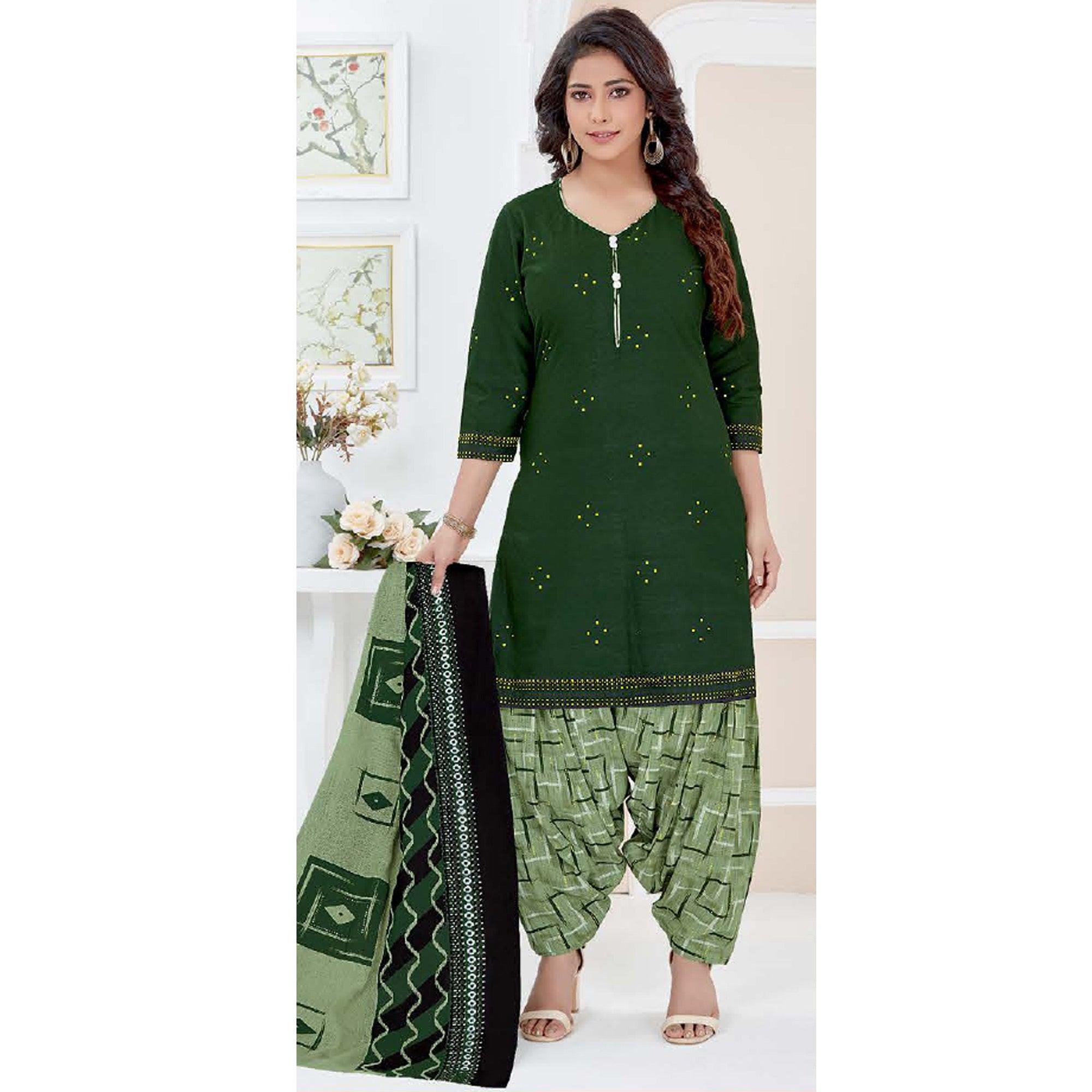 Green Casual Wear Printed Cotton Patiala Dress Material - Peachmode