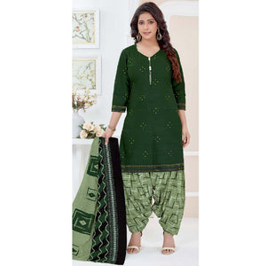 Green Casual Wear Printed Cotton Patiala Dress Material - Peachmode