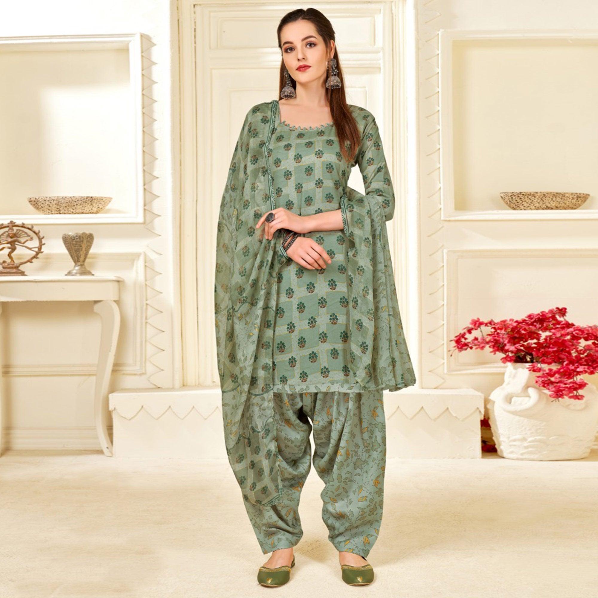 Green Casual Wear Printed Cotton Patiala Suit - Peachmode