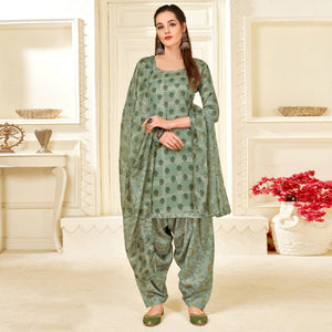 Green Casual Wear Printed Cotton Patiala Suit - Peachmode