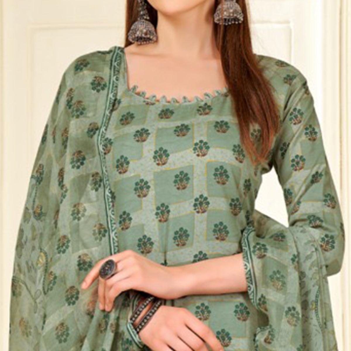 Green Casual Wear Printed Cotton Patiala Suit - Peachmode