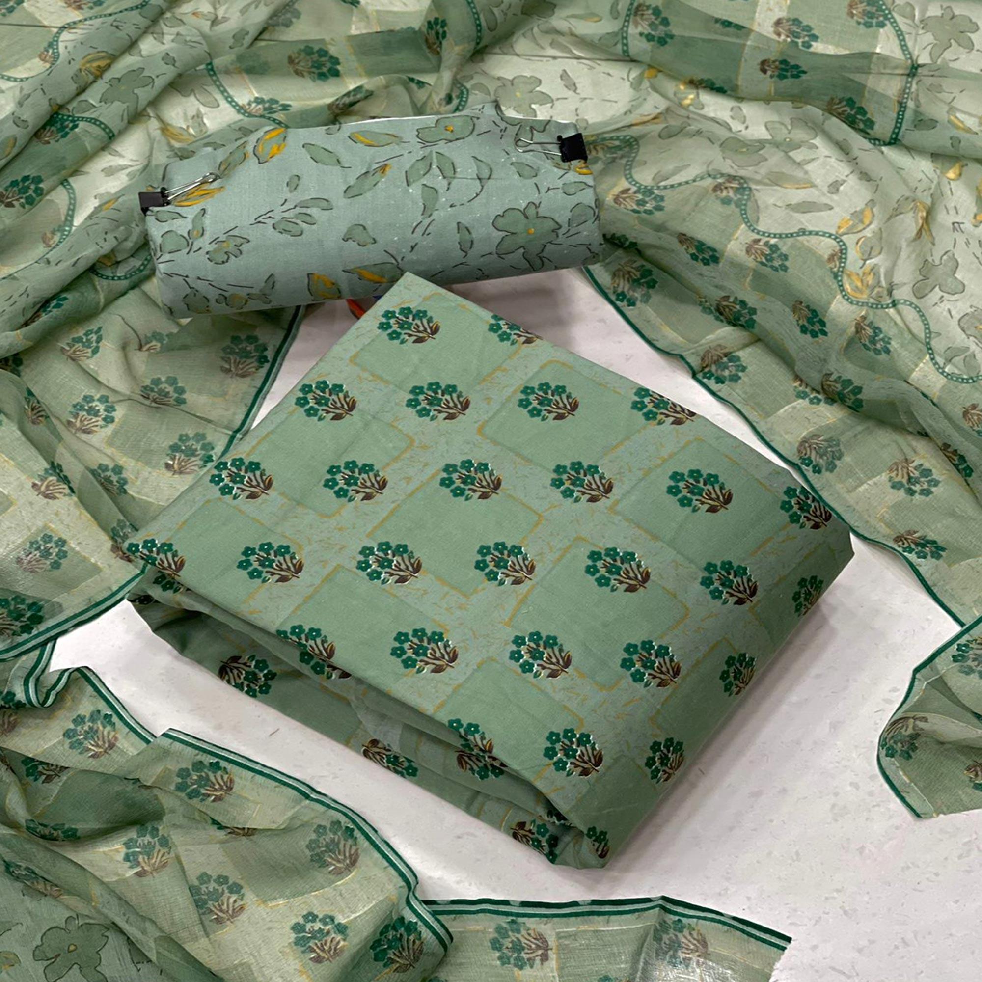 Green Casual Wear Printed Cotton Patiala Suit - Peachmode