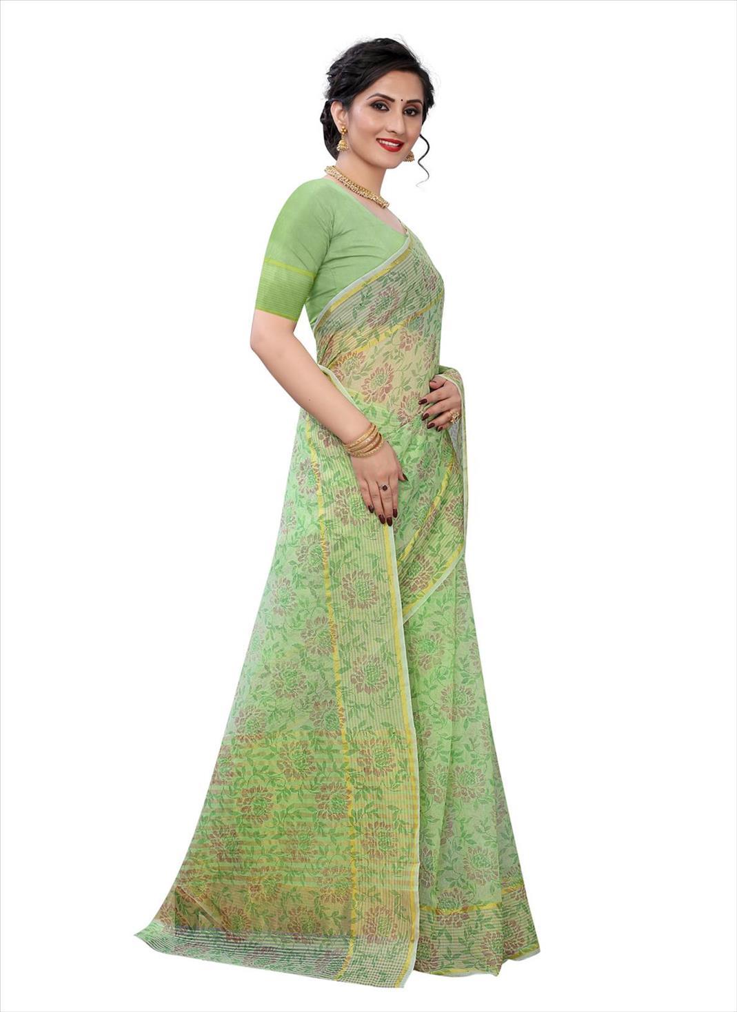 Green Casual Wear Printed Cotton Saree - Peachmode