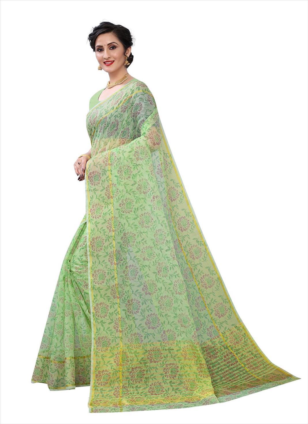 Green Casual Wear Printed Cotton Saree - Peachmode