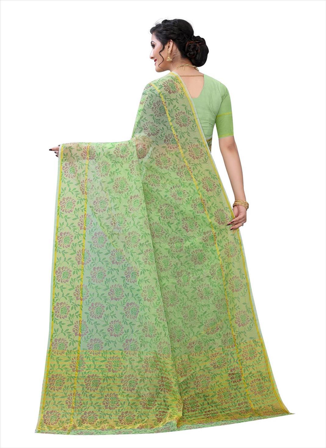 Green Casual Wear Printed Cotton Saree - Peachmode