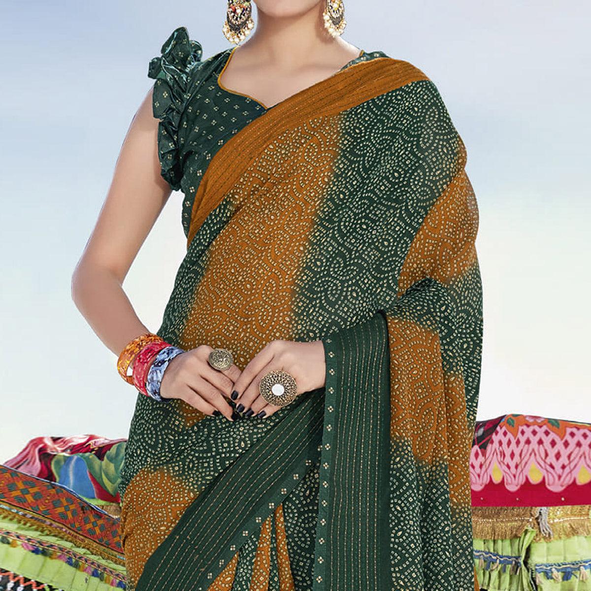 Green Casual Wear Printed Cotton Silk Saree - Peachmode