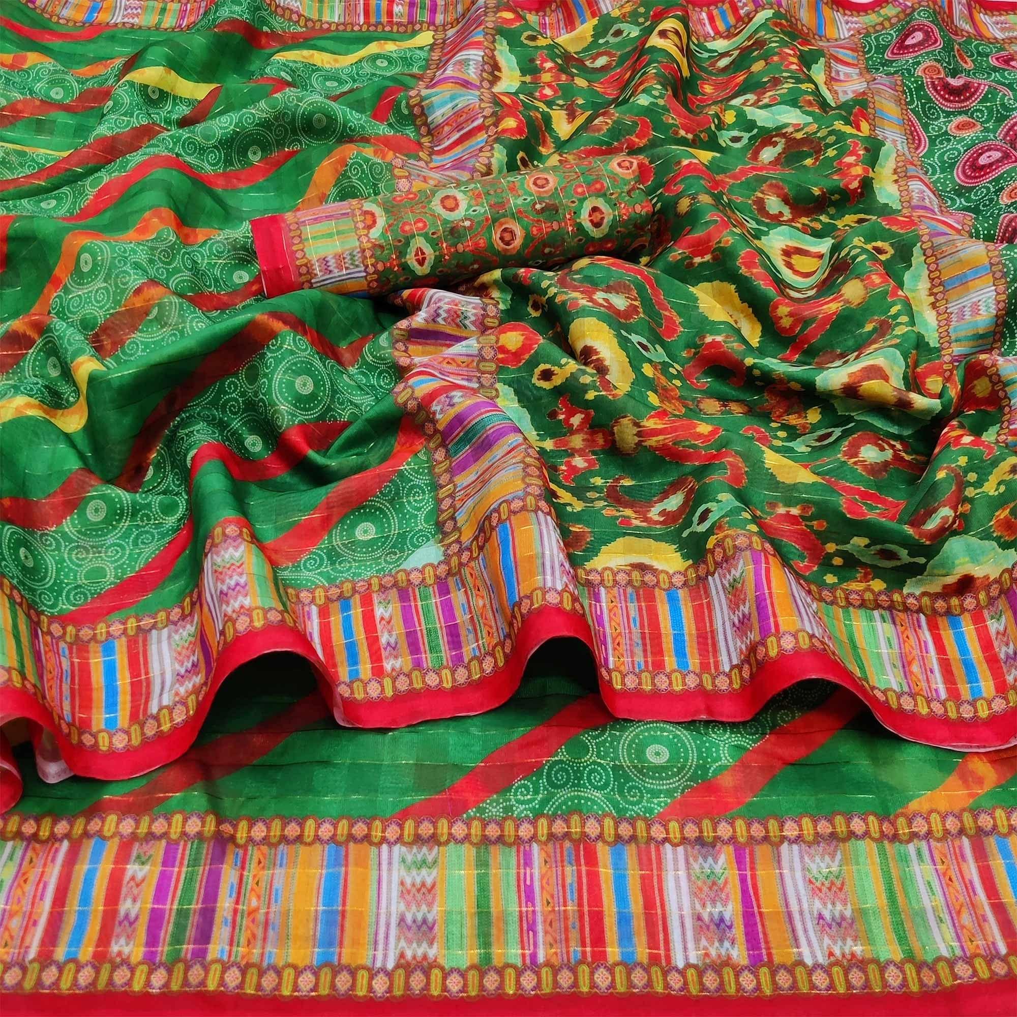 Green Casual Wear Printed Cotton Silk Saree - Peachmode
