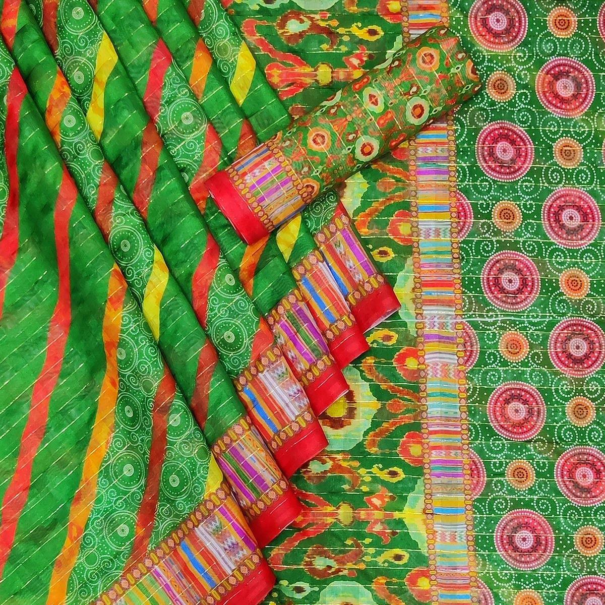 Green Casual Wear Printed Cotton Silk Saree - Peachmode