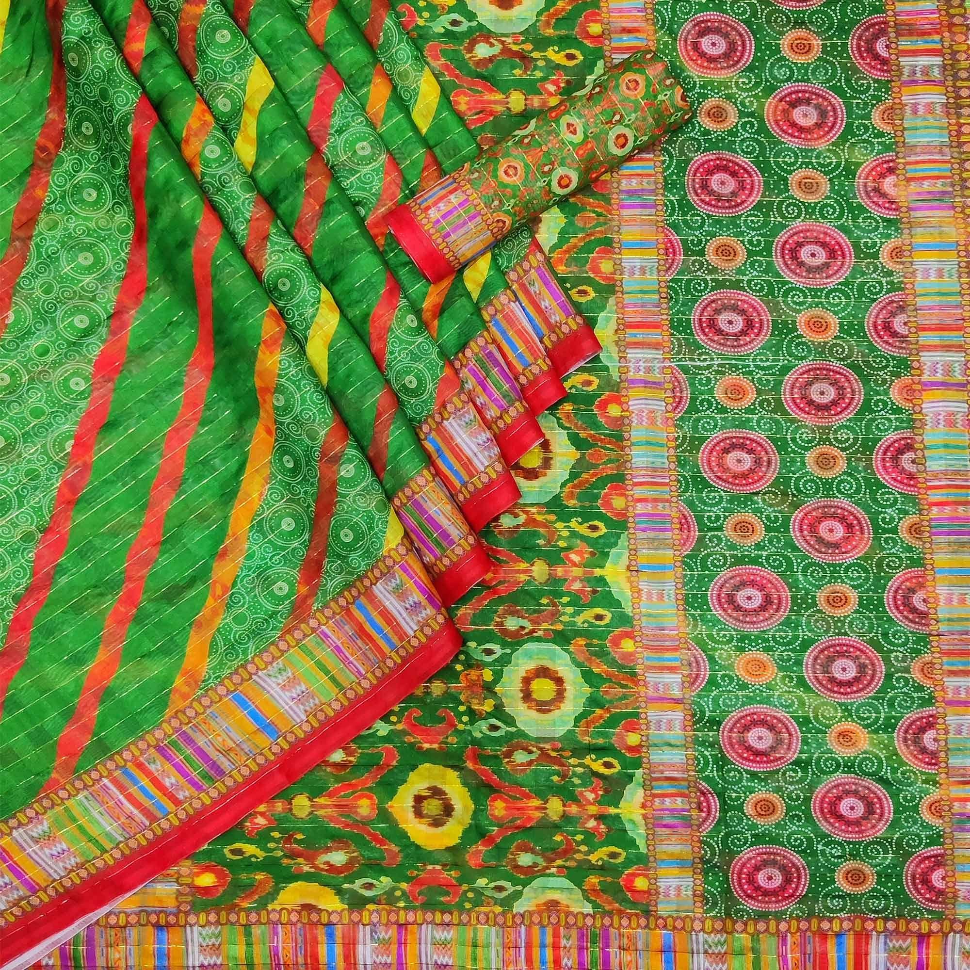 Green Casual Wear Printed Cotton Silk Saree - Peachmode