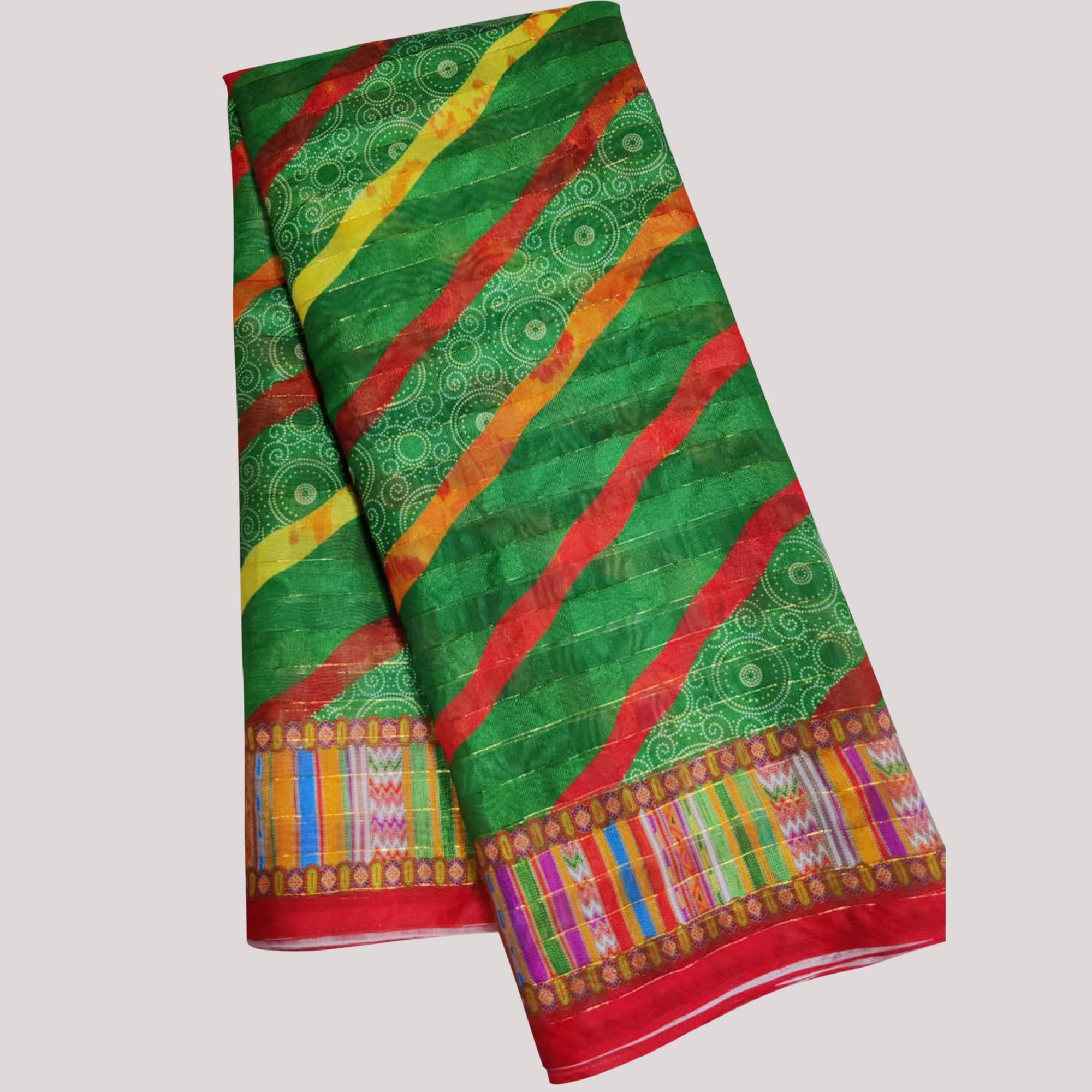 Green Casual Wear Printed Cotton Silk Saree - Peachmode