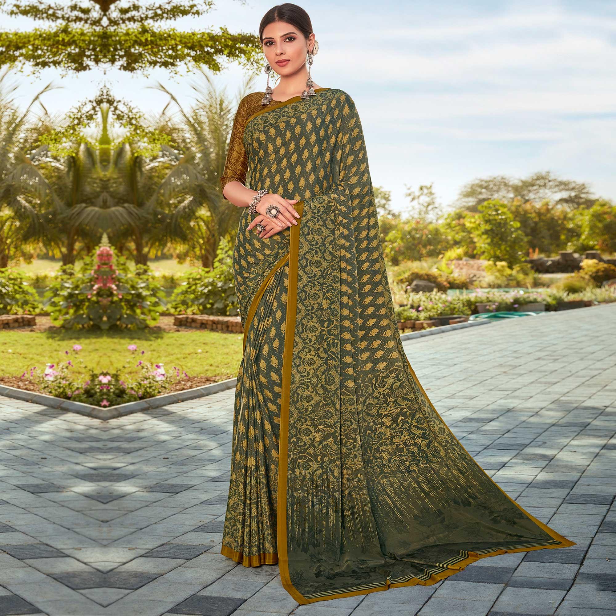 Green Casual Wear Printed Crepe Saree - Peachmode