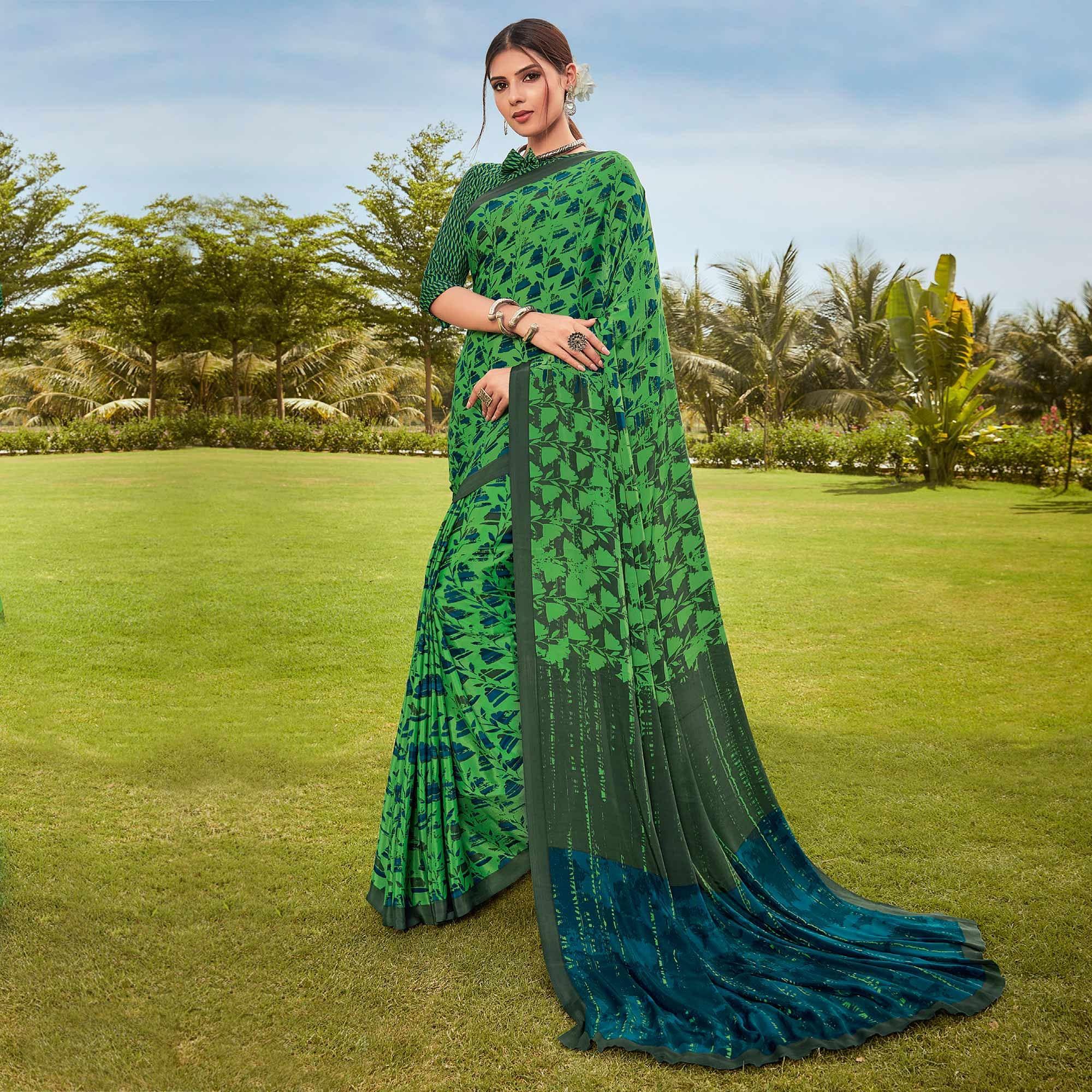 Green Casual Wear Printed Crepe Saree - Peachmode
