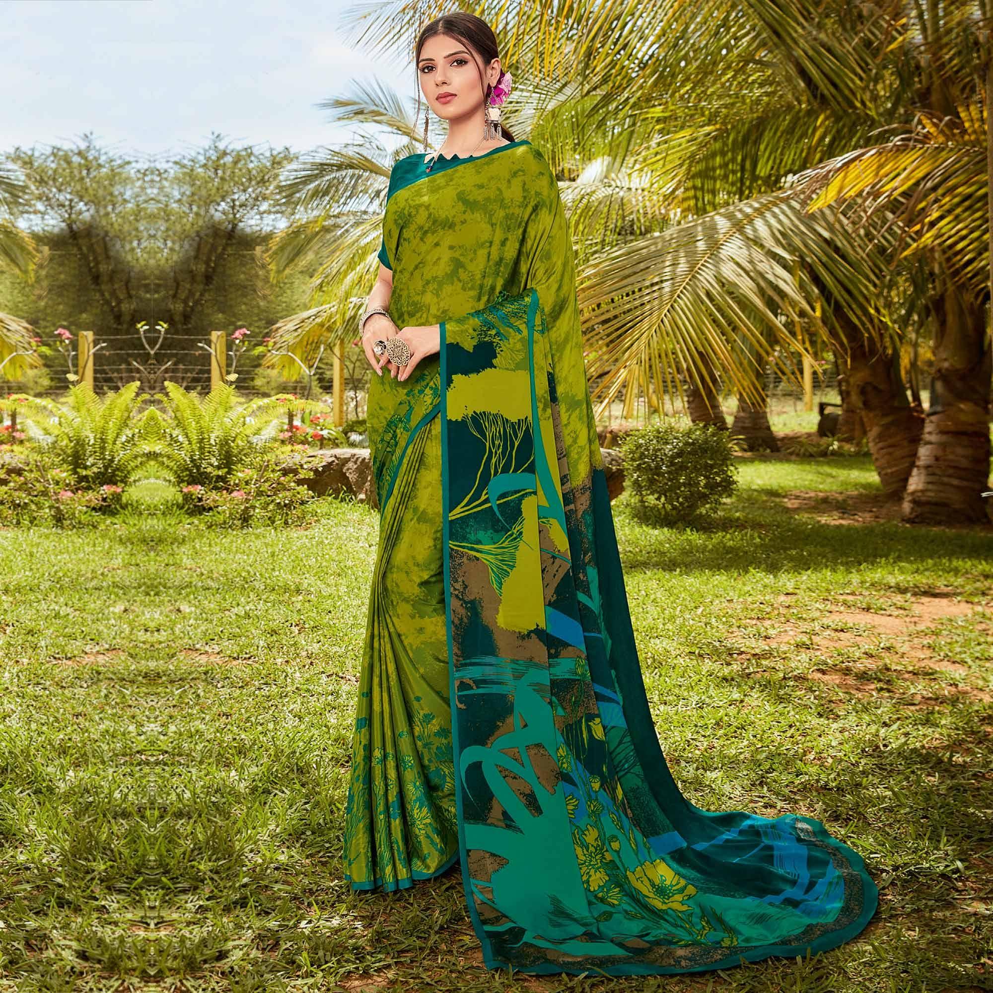 Green Casual Wear Printed Crepe Saree - Peachmode