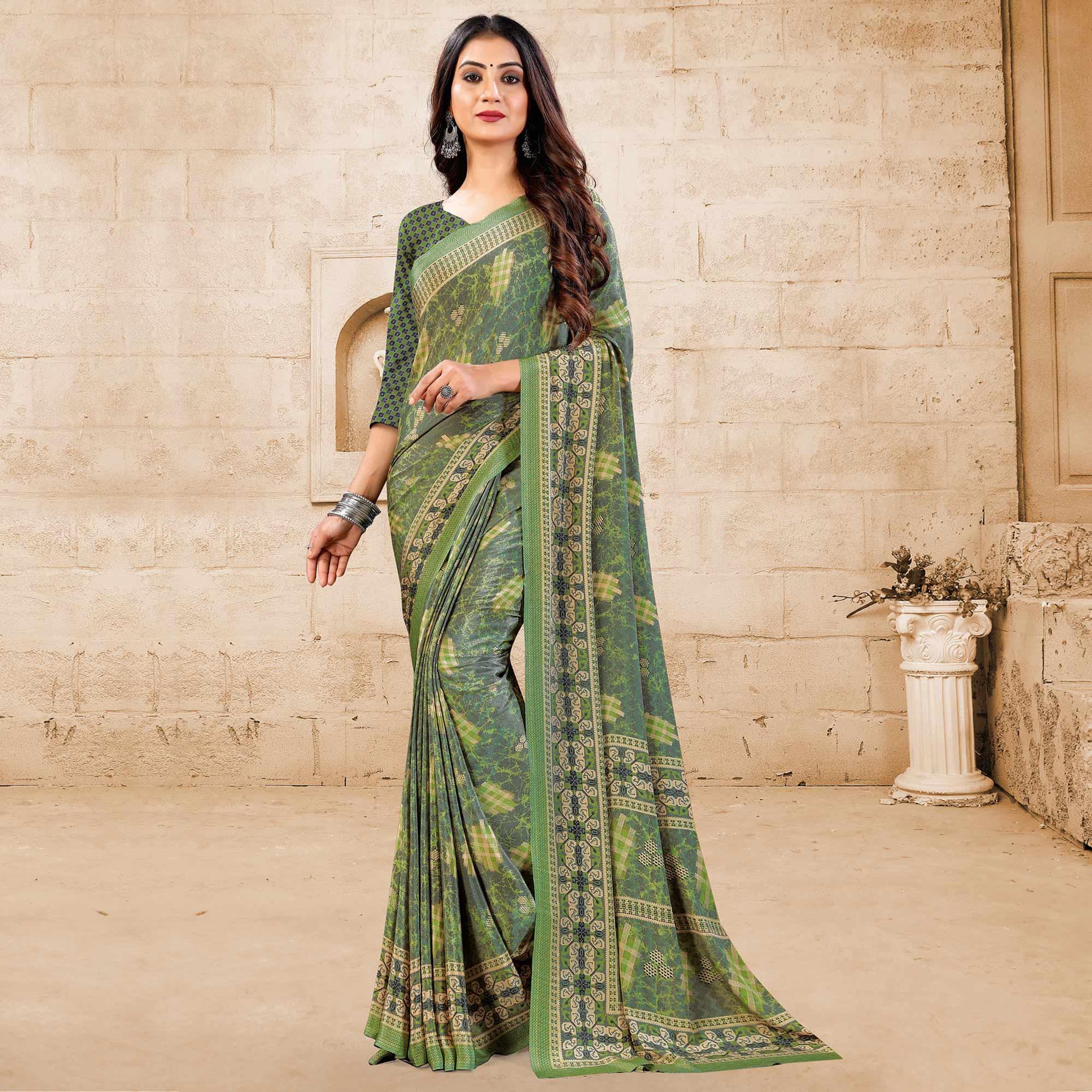 Green Casual Wear Printed Crepe Saree - Peachmode