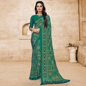 Green Casual Wear Printed Crepe Saree - Peachmode