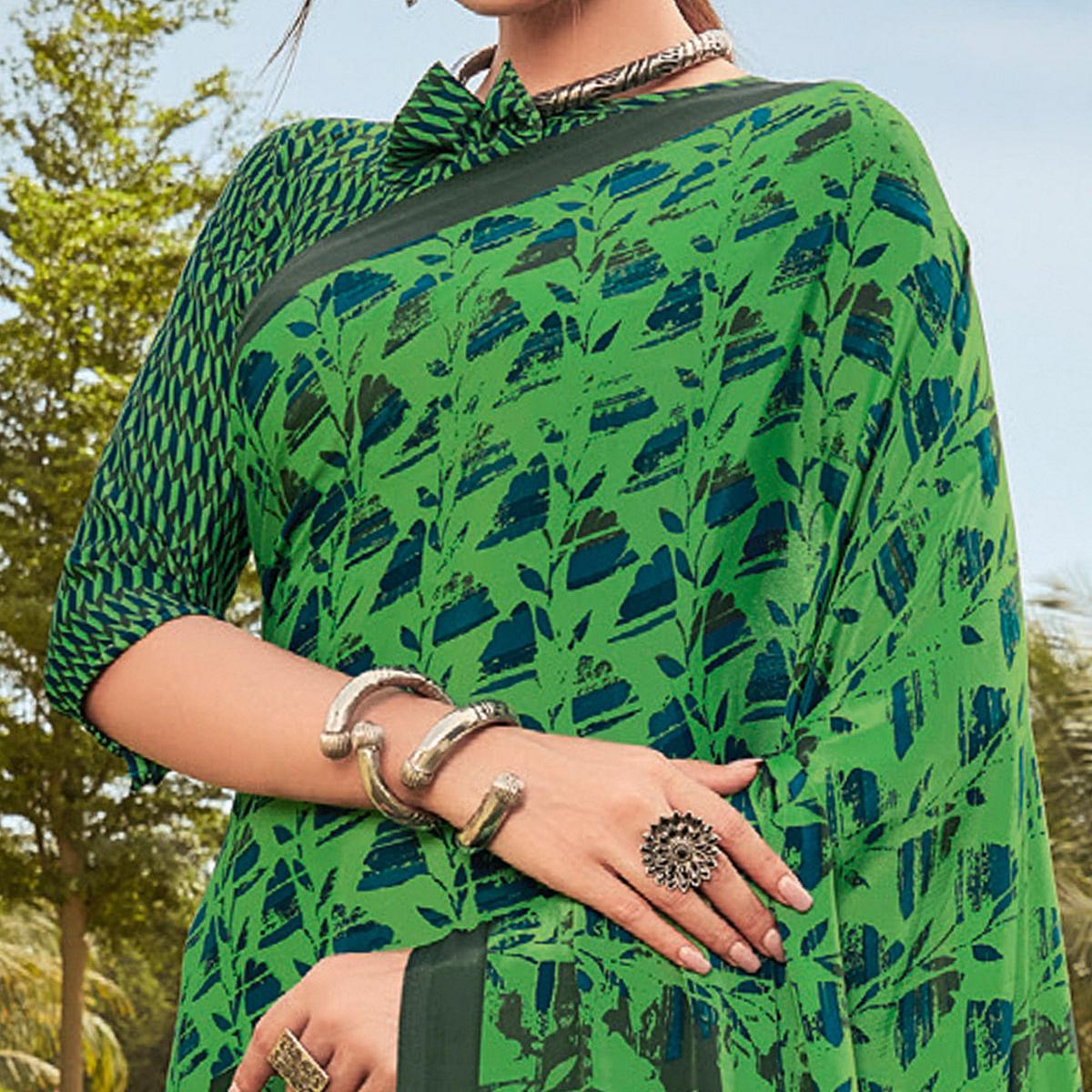 Green Casual Wear Printed Crepe Saree - Peachmode