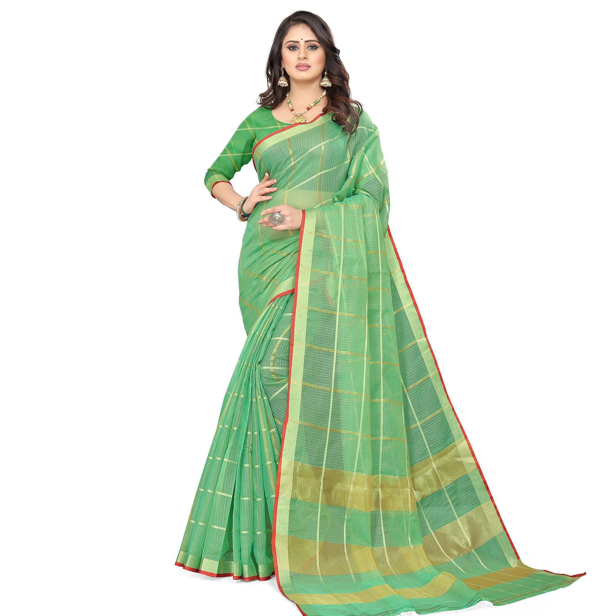 Green Casual Wear Printed Doriya Cotton Saree - Peachmode