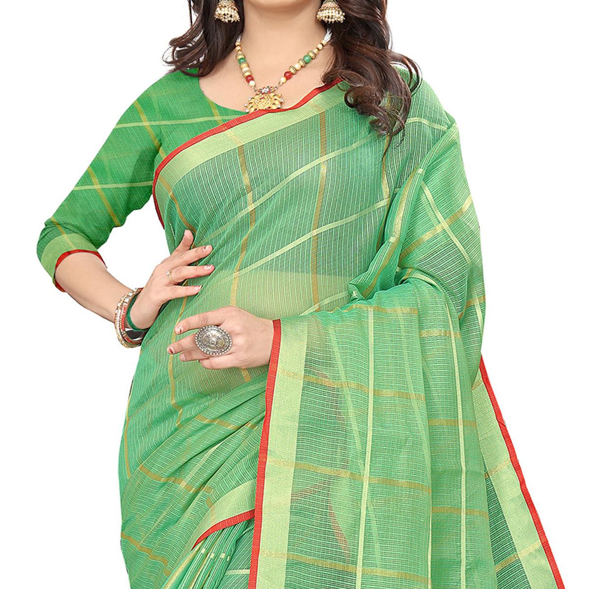 Green Casual Wear Printed Doriya Cotton Saree - Peachmode