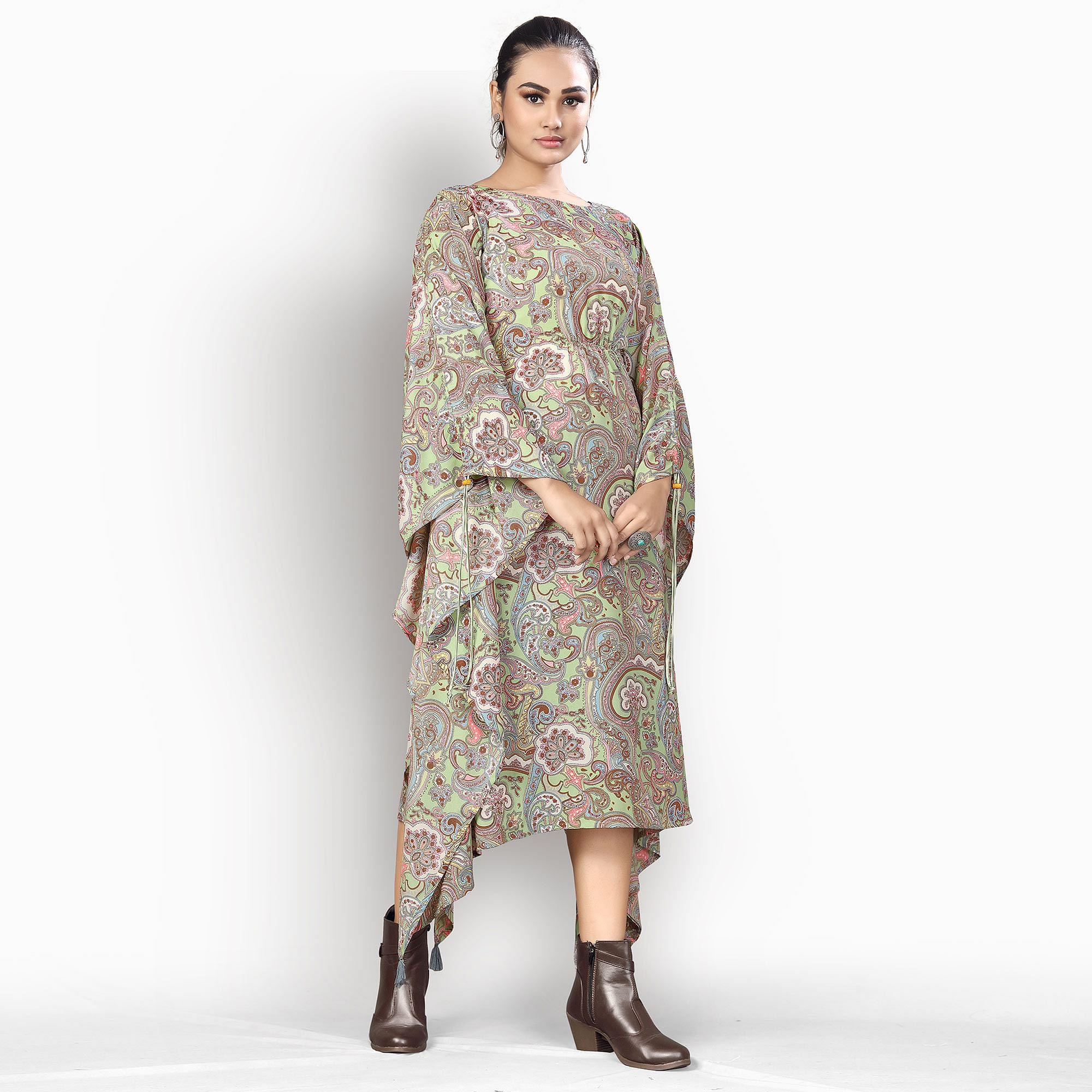 Green Casual Wear Printed Georgette Kaftan Kurti - Peachmode