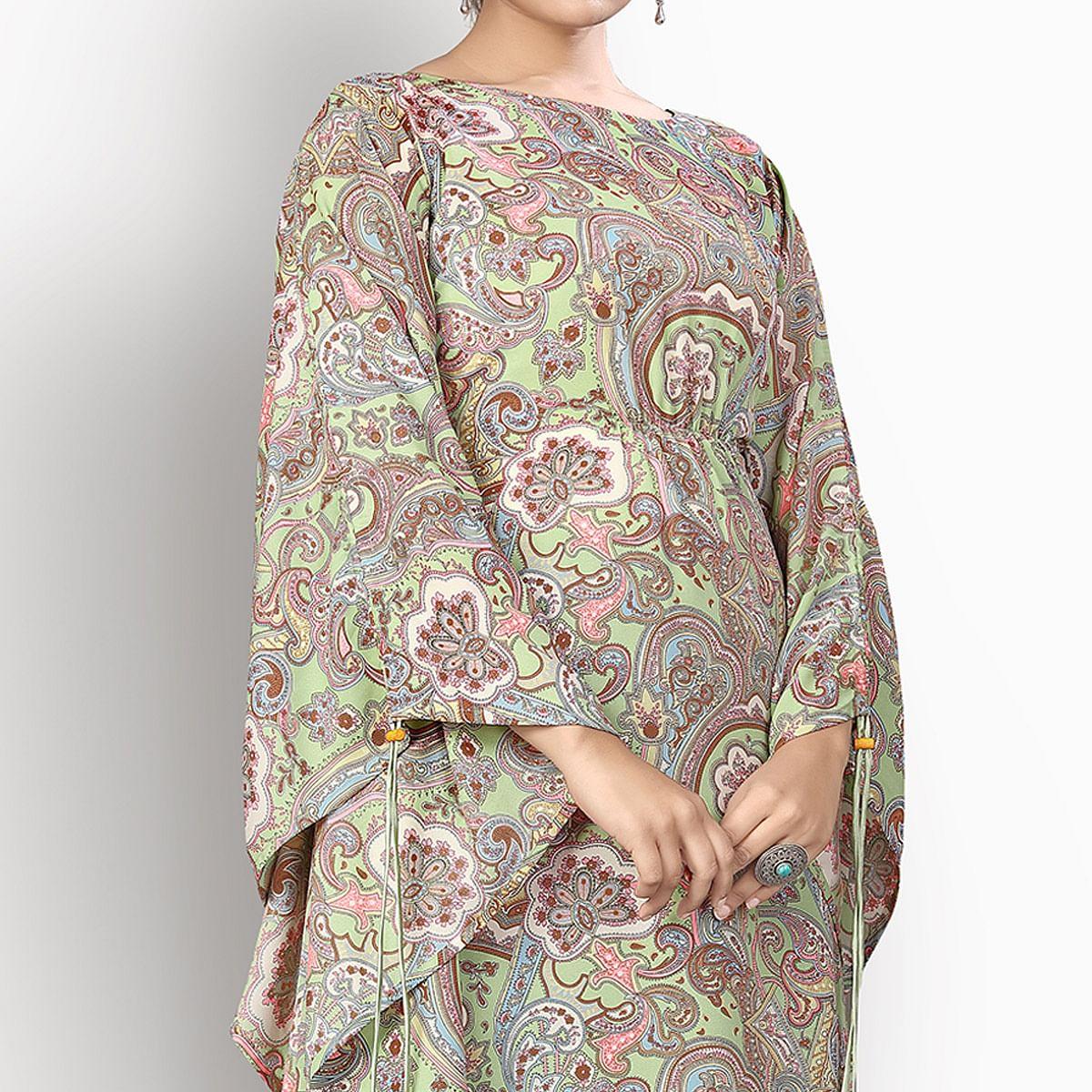 Green Casual Wear Printed Georgette Kaftan Kurti - Peachmode