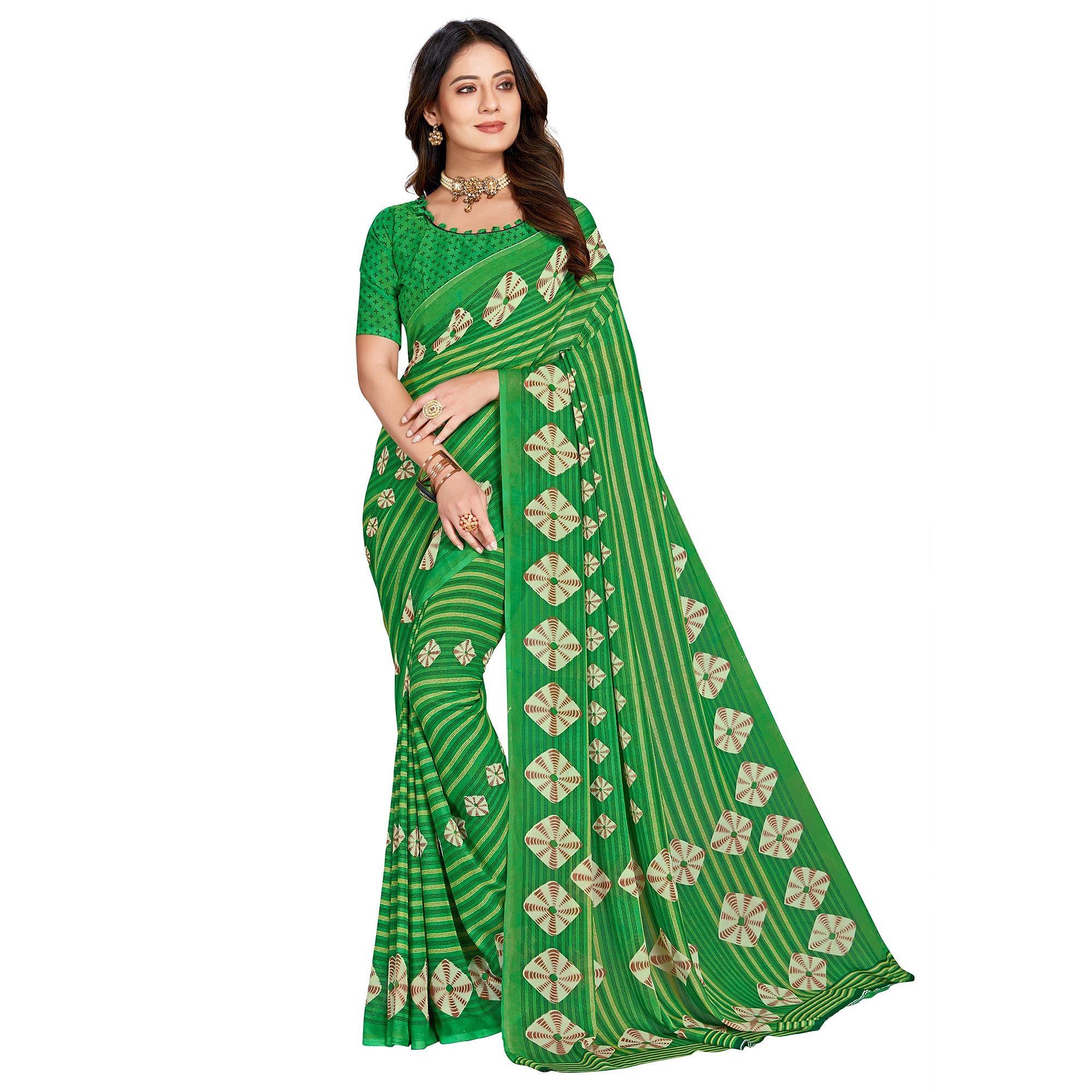 Green Casual Wear Printed Georgette Saree - Peachmode