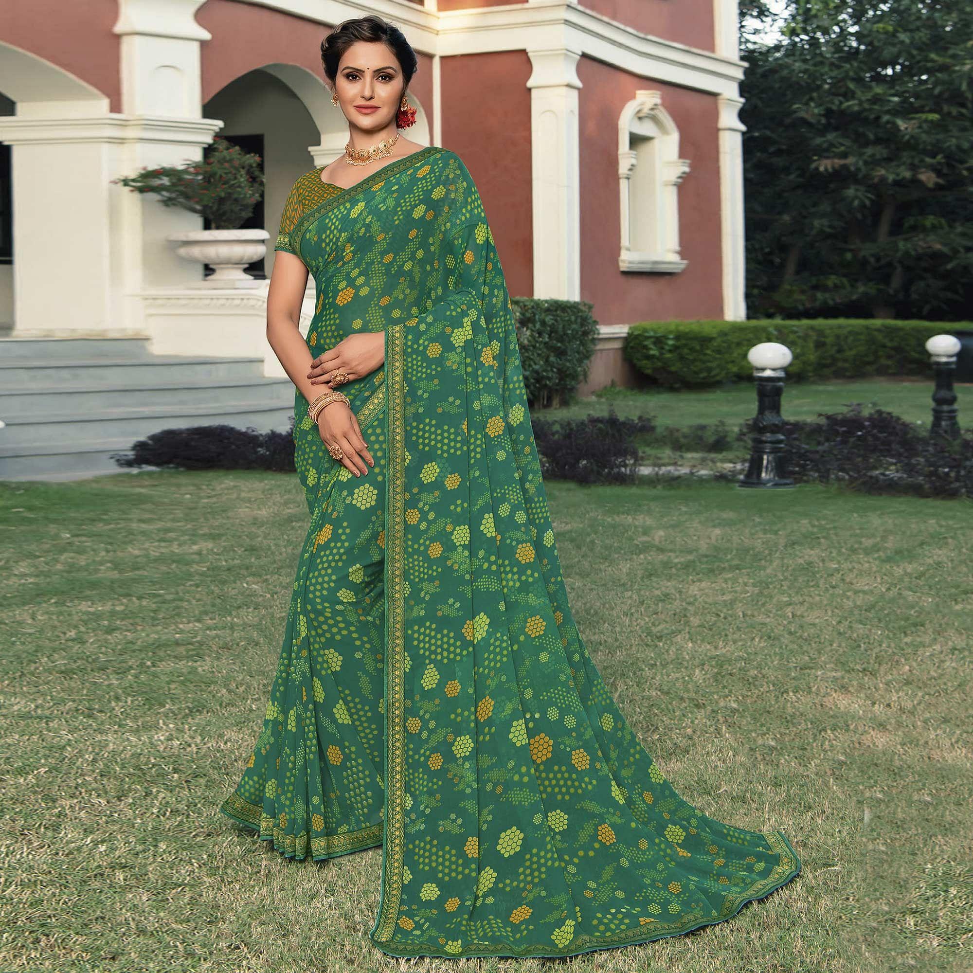 Green Casual Wear Printed Georgette Saree - Peachmode